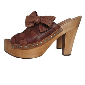 Miu Miu By Prada Leather And Wood Clogs Dark Brown Women's 10 Italy Platform